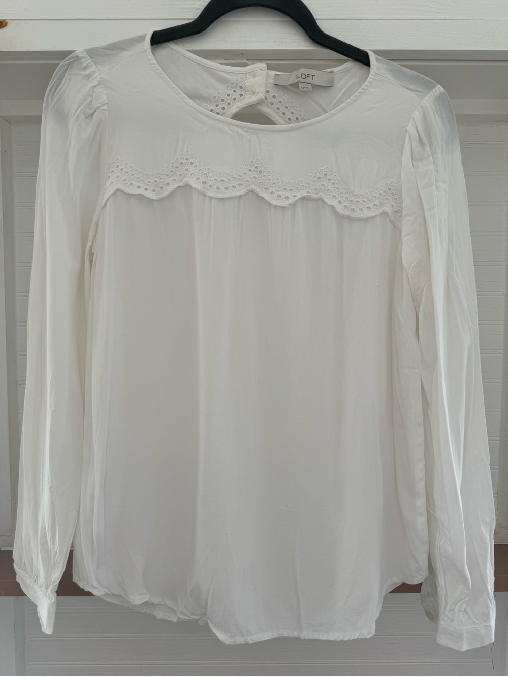 LOFT White Eyelet Scallop Yoke Long-Sleeve Blouse